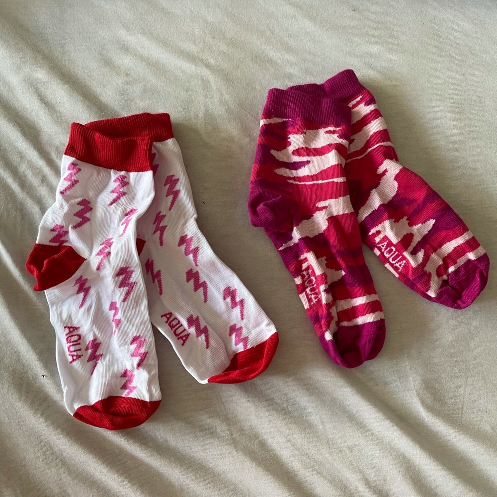 Two pink and red aqua crew socks